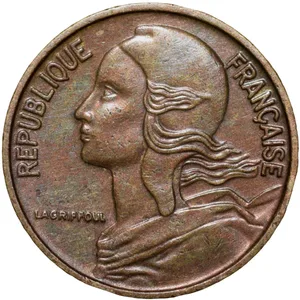 Brass 5 Centimes of France ( AD 1966) with Marianne face left