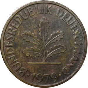 Brass 10 Pfennig of Germany (AD 1979) with Oak Sapling