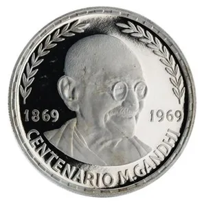 Reproduction Coin - 75 Pesetas Guineanas Mahatma Gandhi 1970 Commemorative UNC Beautiful Rare Silver Plated Coin