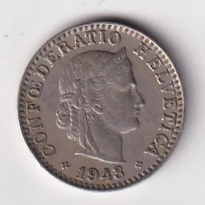 Switzerland 20 Rappen (Libertas) 1943 Rare Coin #K-182