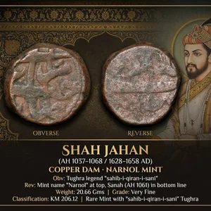 Copper Dam of Shah Jahan(AD1628-1658) of Narnol Mint Sahib-i-Qiran-i-Sani KM206.12 Rare
