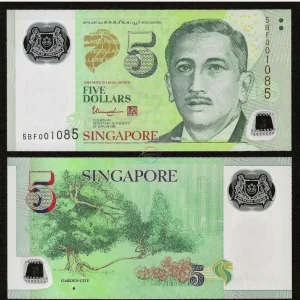 Rare Green Singapore 5 Dollars polymer banknote from the Portrait Series featuring Encik Yusof bin Ishak on the front