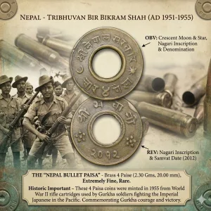 Brass 4 Paise of Tribhuvan Bir Bikram Shah (AD 1951-1955) Hole Type "Nepal Bullet Paisa" with Historic Importance Rare