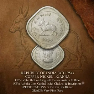 Copper-Nickel 2 Annas of Republic India (AD 1954) of Bombay Mint Bull Series Rare