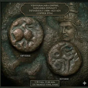 Copper Jital of Devraya I(AD 1406-22) of Vijayanagar Empire Bull Right/Dagger