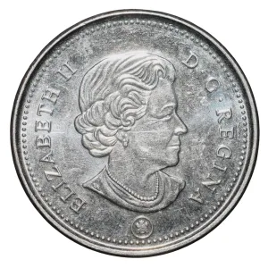 Nickel Plated Steel 5 Cents of Elizabeth II (AD2022) from Canada with a Beaver standing on a mound in a lake About UNC