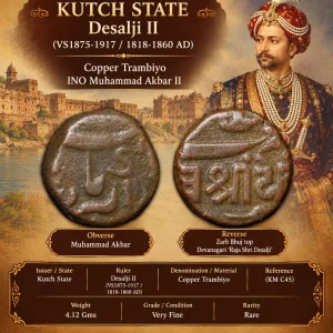 Copper Trambiyo of Desalji II (AD 1818-1860) of Kutch State INO Muhmmad Akbar II KMC45 Rare