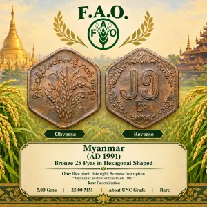 Bronze 25 Pyas of Myanmar (AD 1991) Commemorative issue - F.A.O. Rare