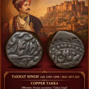 Copper Takka of Takhat Singh(AD 1843-73) of Jodhpur State KM # 71 SCARCE