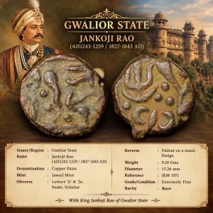 Copper Paisa of Jankoji Rao(AD1827-1843) of Gwalior State Jawad Mint KM107 Rare