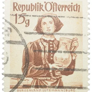Postal Stamp of Austria (AD 1948-1952) 15-groschen with a traditional folk costume and a decorative pitcher Used Condition as per Image.