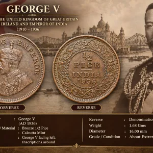 Bronze 1/2 Pice of George V (AD 1936) of Calcutta Mint Beautiful Grade