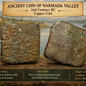 Copper Coin of Ancient Narmada Valley (2nd Cen. BC) with Lotus Flower, River & Fishes and River Goddess Rare