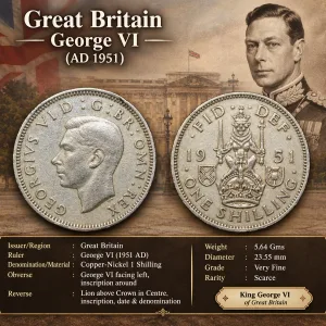 Copper-Nickel 1 Shilling of George VI (AD 1951) from Great Brittain Lion above Crown