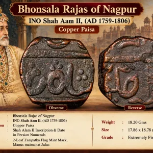 Copper Paisa of Bhonsala Rajas of Nagpur (AD 1759-1806) with 2-Leaf Zaripatka Flag
