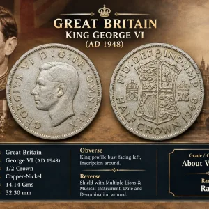 Copper-Nickel 1/2 Crown of George VI (AD 1948) of Great Brittain Large Size