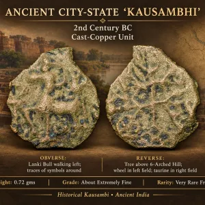 Cast-Copper Unit of Ancient City-State 'Kausambhi' (2nd Cen. BC) with Lanki Bull/Tree on Hill Very Rare