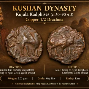 Copper 1/2 Drachma of Kujula Kadphasis (AD 50-90) of Kushan Dynasty with Double Humped Bacterian Camel Rare