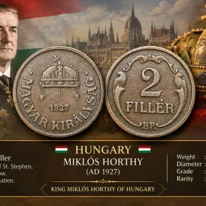 Old Bronze 2 Filler of MiklΓ³s Horthy (AD 1927) of Hungary with Crown of St. Stephen