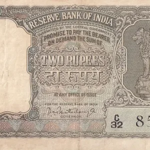 Olive green color 2 Rupees P c bhattacharya Very Fine Note #3