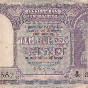 HVR Iyengar 10 rupees Fafda Issue Used Fine Condition Note