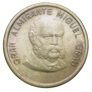 Brass 50 Soles de Oro of Peru (AD 1985) with Portrait of General Grau Scarce