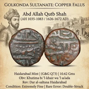 Copper Falus of Abd Allah Qutb Shah(AD1626-72) of Golkonda Sultanate Q73 Double-Struck Error Rare