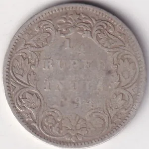 Fine Condition B Incuse on Top 1/4 Rupee 1894 Victoria Silver Coin