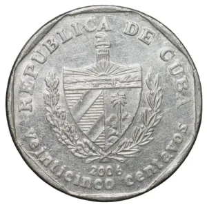 Nickel-Plated Steel 25 Centavos of Cuba (AD 2006) with A street in Trinidad, traditional houses and the Church of San Francisco de Asis