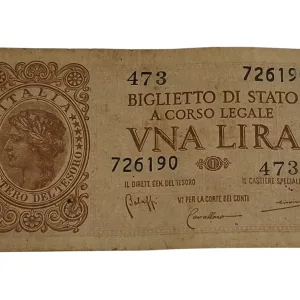 ITALY 1 LIRA Year 1944 World War II Bank Note [3"inches × 1.6"inches] Small Size **RARE** High Collectable Grade.