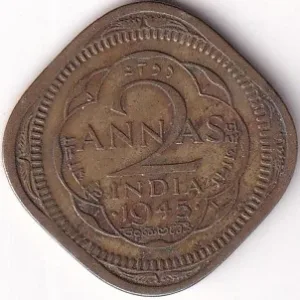 Bombay Mint 1945 Two Annas British India Nickel Brass Coin Rare