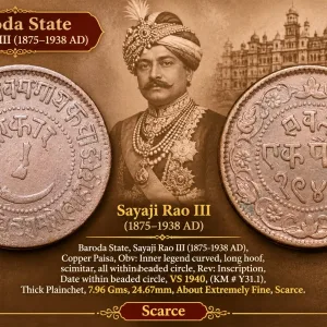 Copper Paisa of Sayaji Rao III(AD1875-1938) of Baroda State Dated VS1940/1883AD Thick-Plainchet KMY31.1