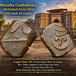 Copper Paisa of Muhiabad Poona Mint of Maratha Confederacy(17th-18th Cen. AD) with Nagfani/Cobra Beautiful Grade