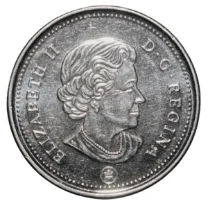 Nickel Plated Steel 5 Cents of Elizabeth II (AD2014) from Canada with a Beaver standing on a mound in a lake About UNC