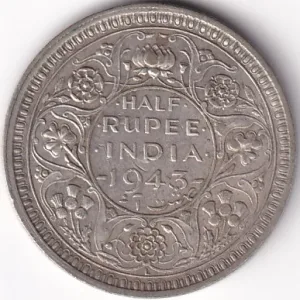 Lahore Mint 1943 Silver Half Rupee King George VI British India Coin