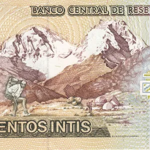 500 Intis of Peru Country (AD 1987) with Portrait of Jose Gabriel Condorcanqui/Huascarán mountain and climber UNC Grade
