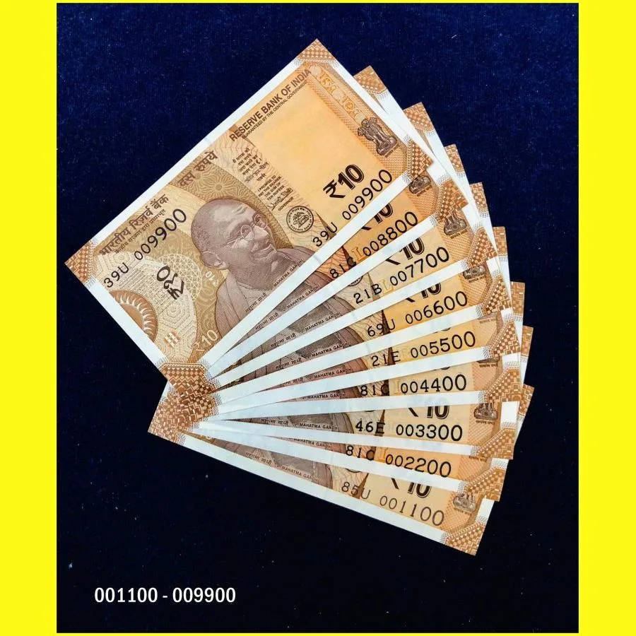 Rs 10 India Banknote Semi Solid Set 001100 to 009900 Gem Unc Unique and Rare