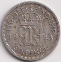 1943 England Six Pence George VI Silver Coin #PR78