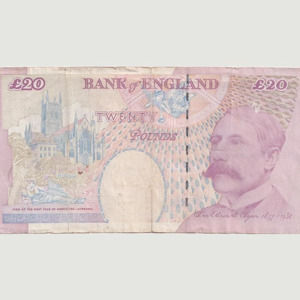England 20 Pound Elizabeth II (Sir Edward Elgar ) Rare Bank Note