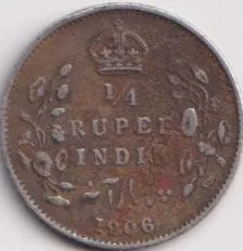 1906 Edward 1/4 Rupees Silver British India Coin #PR19