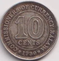 Malaya George Six 1939 Ten Cents Coin #PR105