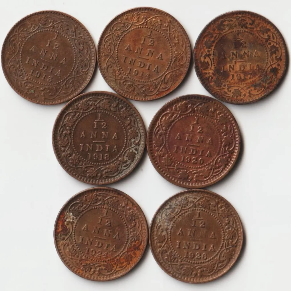 7 Coins Set of 1/12 Anna 1913 to 1926 Bronze Coins of King George V British India Coinage