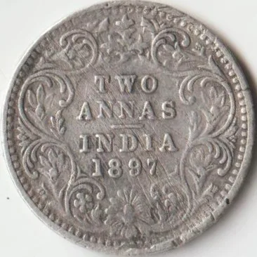 Rare Two Anna 1897 Bombay Mint Silver Coin of Victoria Empress British India Coinage