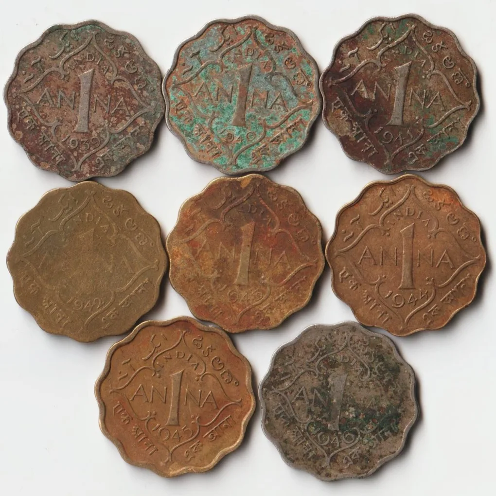 8 Coins Set of One Anna 1939-1946 Copper-Nickel Coin of King George VI British India Coinage