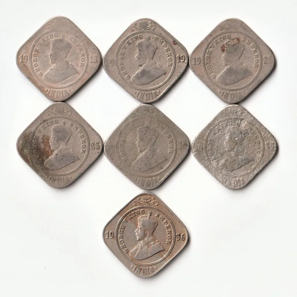 7 Coins Set Of Two Anna 1918 to 1936 Copper-Nickel Coins Of George V British Indian Coinage