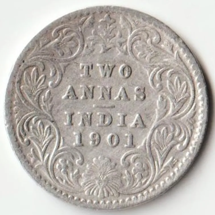 Rare Two Anna 1901 Victoria Empress British India Small Silver Beautiful Coin Extremely Fine Grade
