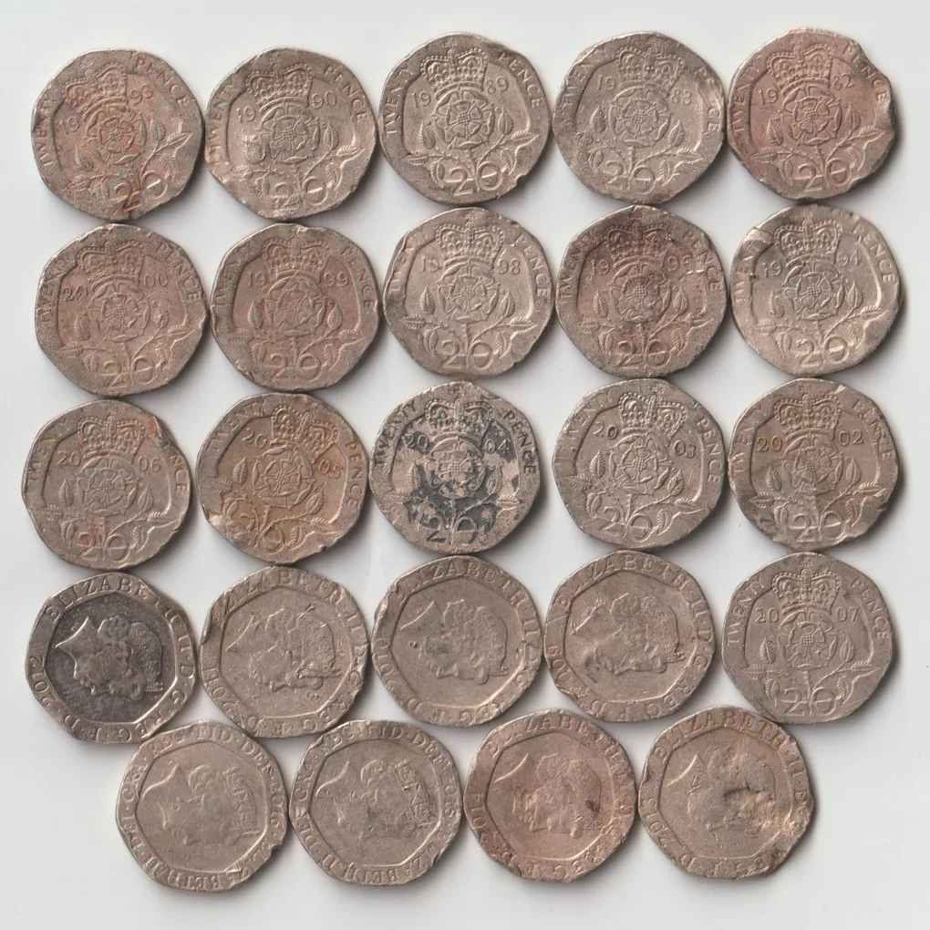 Extremely Rare Coins of 20 Pence Different Dates Copper-Nickel Coins of Elizabeth II United Kingdom, British Overseas Territories and Crown Dependencies