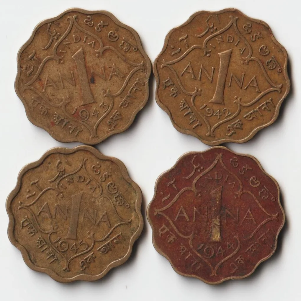 4 Coins Set of One Anna 1942 to 1945 Nickel-Brass Coins Set of George VI British India Coinage