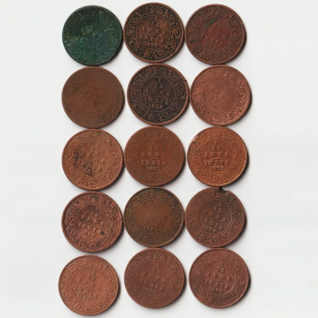 Rare 15 Coins Set of One Quarter Anna 1875 to 1901 Copper Coins Set of Victoria Empress British India Coinage
