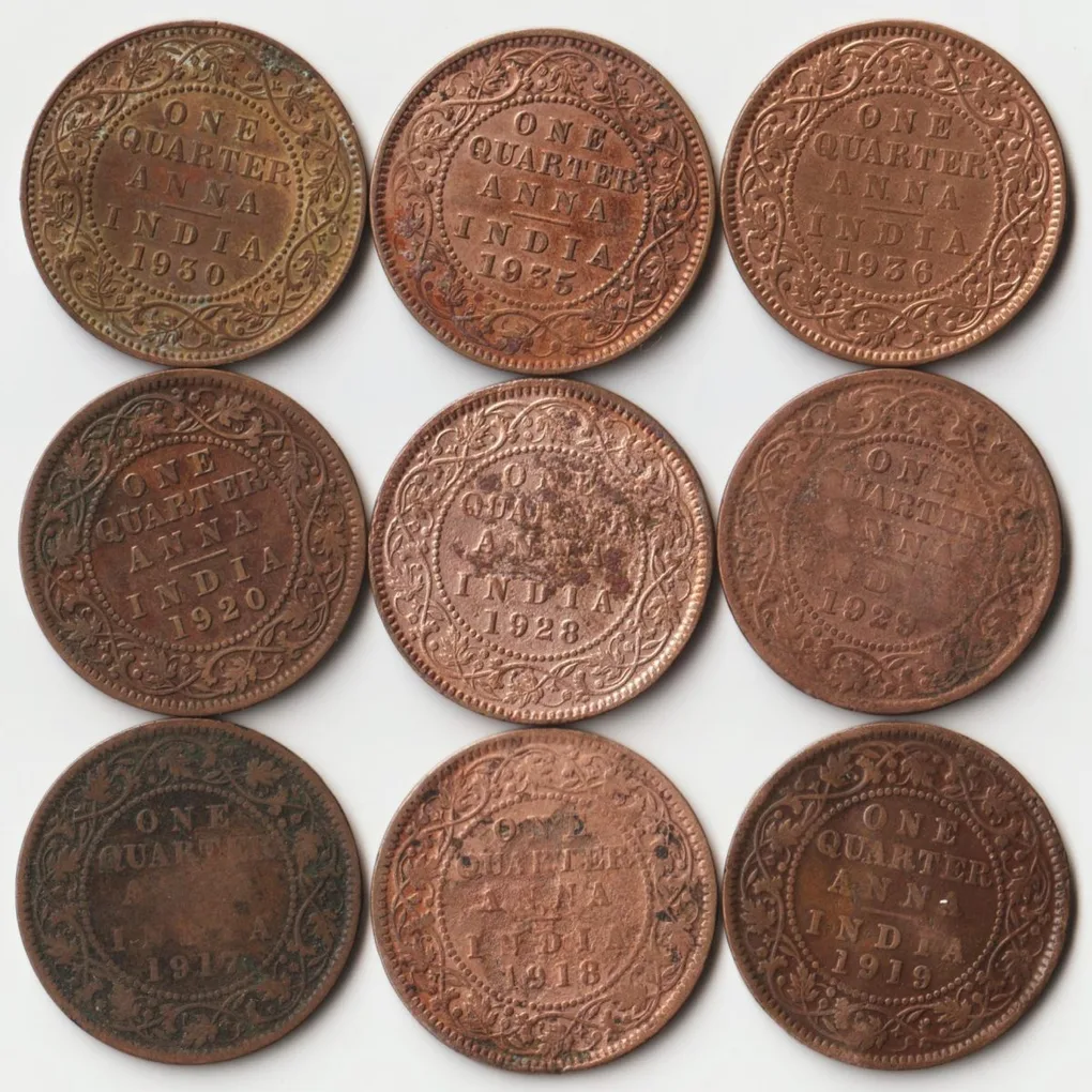 9 Coins Set of One Quarter Anna 1917 to 1936 Copper Coin of King George V British India Collectible Coins